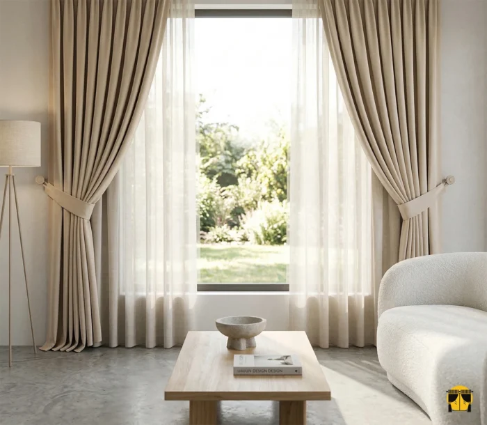 Koyu krem renginde salon için fon perde