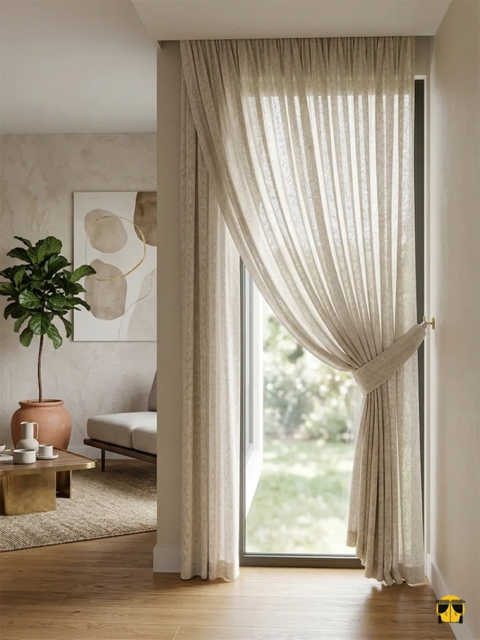 "Vizon mobilyalar ve ahşap detaylarla dekore edilmiş modern bir salonda, pencereleri zarifçe çerçeveleyen krem ince fon perde tasarımı."