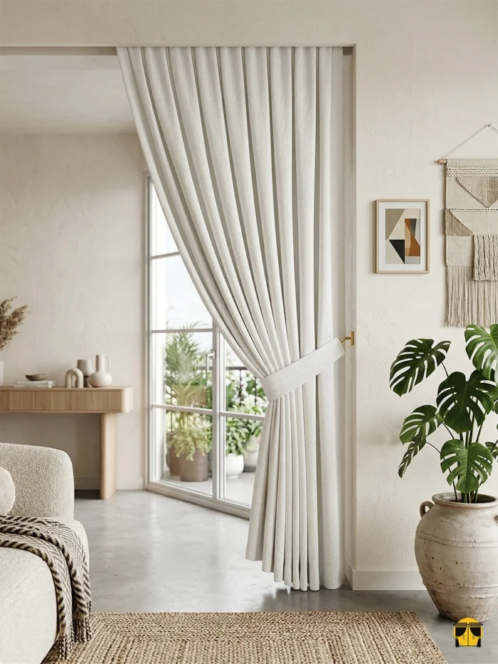 "Vizon mobilyalar ve ahşap detaylarla dekore edilmiş modern bir salonda, pencereleri çerçeveleyen ve derinlik katan ekru fon perde tasarımı."