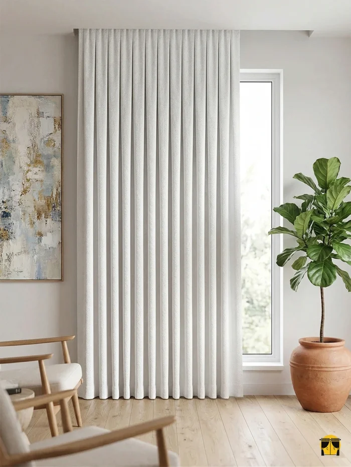 "Ağır gramajlı dokuma teknolojisiyle üretilmiş ekru tonundaki pürüzsüz fon perde kumaşını ve dökümlü yapısını sergileyen yakın plan çekimi."