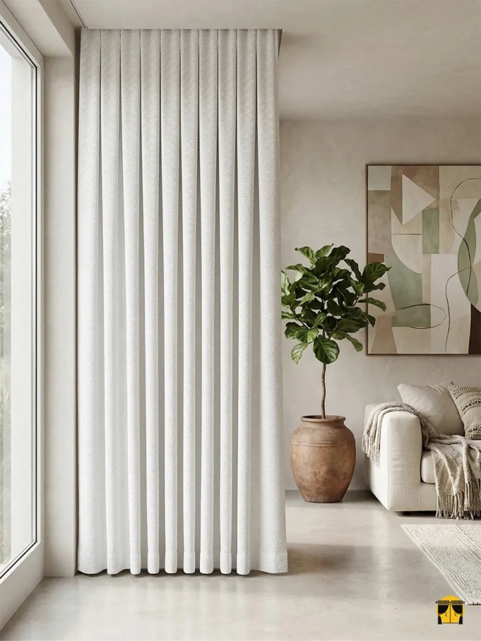 "Ekru beyaz fon perdenin ipeksi dökümü ve inci tonlarındaki mat yüzeyinin, salon dekorasyonuna kattığı asil ve sıcak atmosfer."