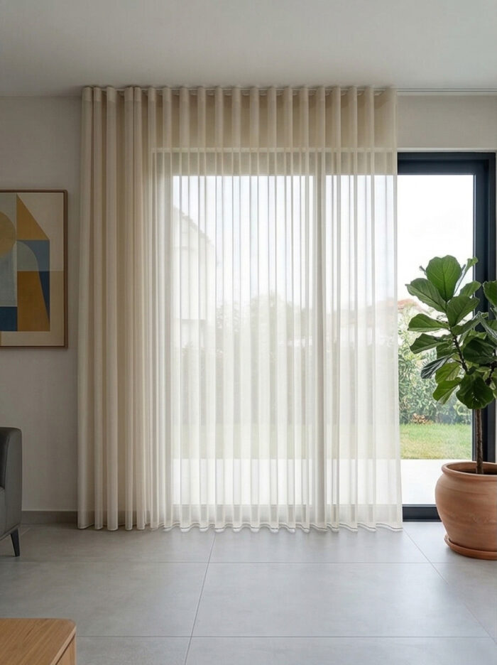 Doku Detayı: "Krep dokuma teknolojisiyle üretilmiş açık gri tonundaki pütürlü yüzeyi ve kaliteli lif yapısını sergileyen yakın plan çekimi; pencereler için modern tül perde karakteri."