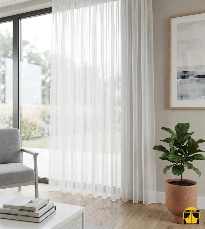 "Kar beyazı tonundaki pürüzsüz mikro lif yapısını ve ipeksi yüzeyini sergileyen optik beyaz tül perde yakın plan çekimi."