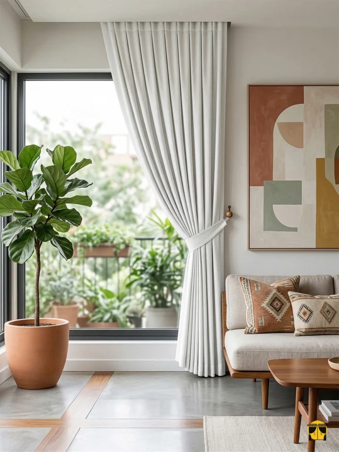 "Pino ekru beyaz fon perdenin dikey dokusu ve inci tonlarındaki mat yüzeyinin, salon dekorasyonuna kattığı asil ve sıcak atmosfer."