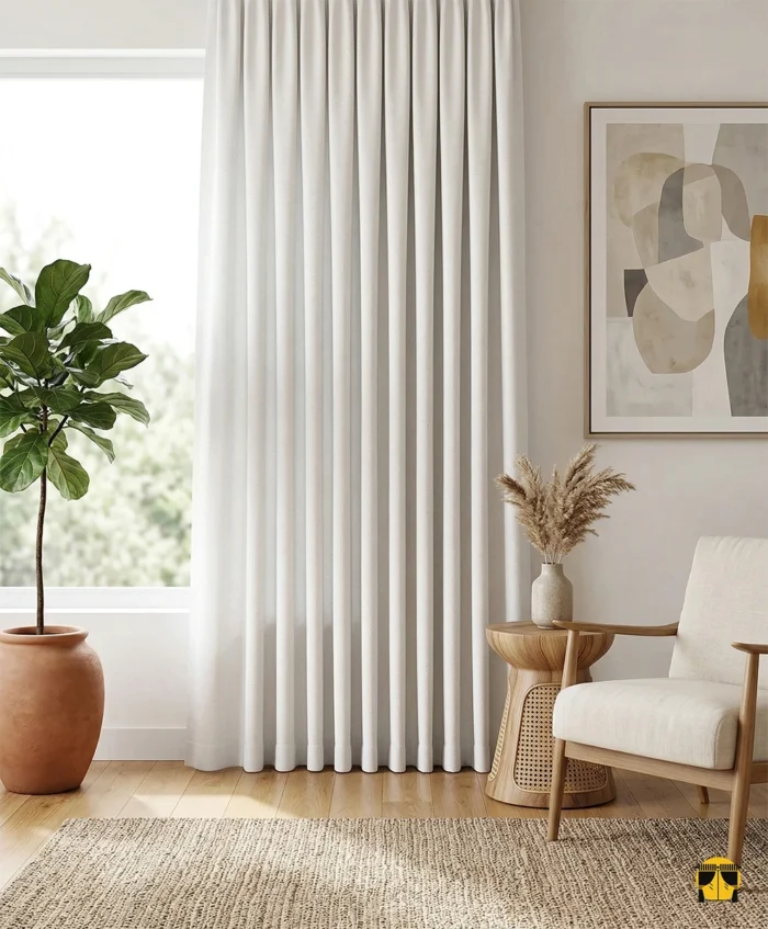"Dikey çizgili dokuma teknolojisiyle üretilmiş ekru tonundaki pürüzsüz fon perde kumaşını ve dökümlü yapısını sergileyen yakın plan çekimi."