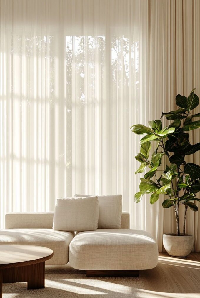 Modern salonlarda ferah bir atmosfer yaratan, ışığı içeriye yumuşak bir şekilde dağıtan bej tül perde modeli.