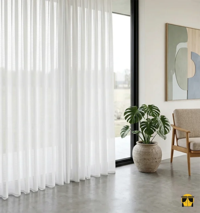 "Ahşap mobilyalar ve hasır detaylarla dekore edilmiş modern bir salonda, pencerelere sıcaklık ve zarafet katan bej krep düz tül perde tasarımı."