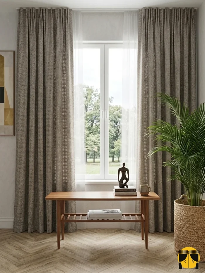 Mekan Tasarımı: "Bej koltuk takımı ve ahşap detaylarla dekore edilmiş modern bir salonda, pencerelere asalet ve sıcaklık katan sütlü kahve kadife fon perde tasarımı."