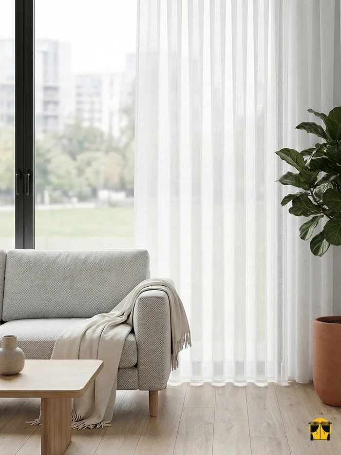 "Bohem şantuk keten tül perdenin düğümlü lif dokusu arasından süzülen güneş ışığının, oda içerisinde yarattığı rüstik ve huzurlu aydınlık."