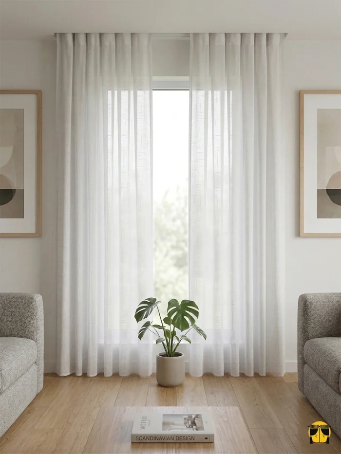 "Kırık beyaz tonundaki şantuk dokuma yüzeyini ve doğal keten liflerini sergileyen kaliteli tül perde yakın plan çekimi."