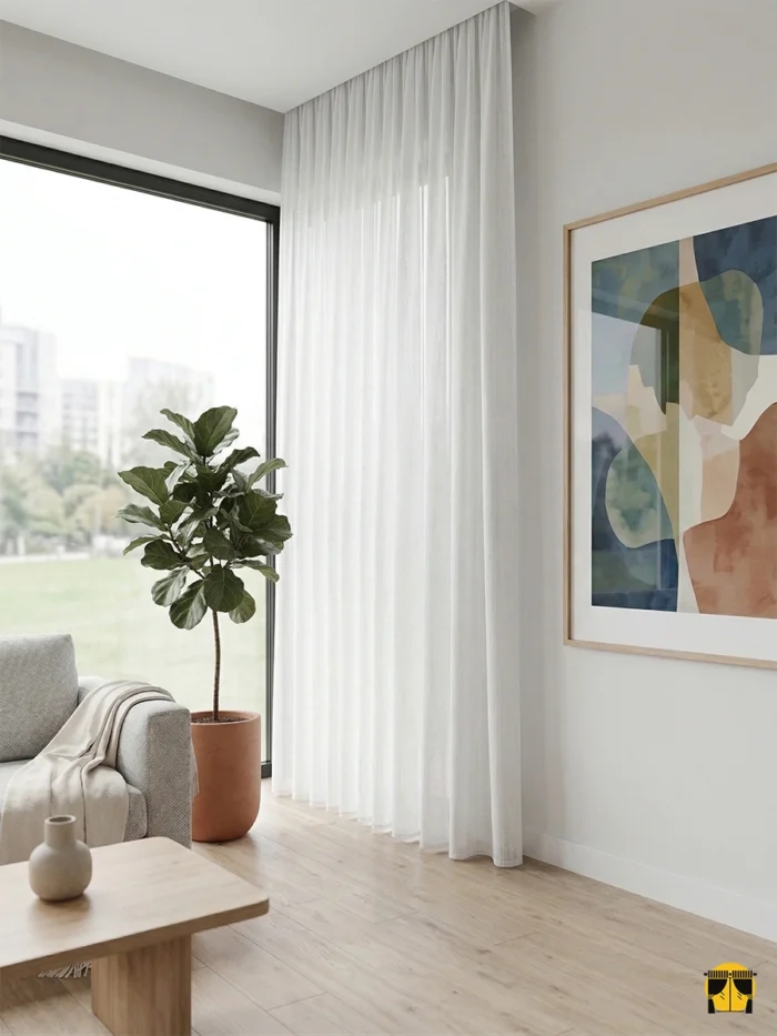 "Hasır detaylar ve ahşap mobilyalarla dekore edilmiş bohem bir salonda, pencerelere karakter katan kırık beyaz şantuk tül tasarımı."