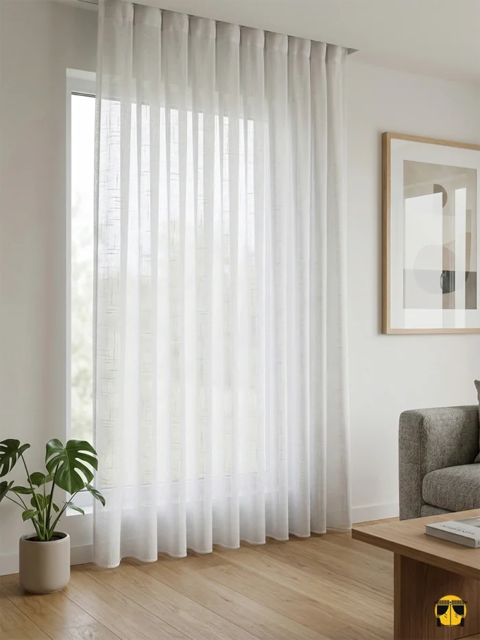 "Doğal keten dokusu sayesinde ütü gerektirmeyen ve modern farmouse tarzına uygun dökümlü kırık beyaz tül perde sergisi."