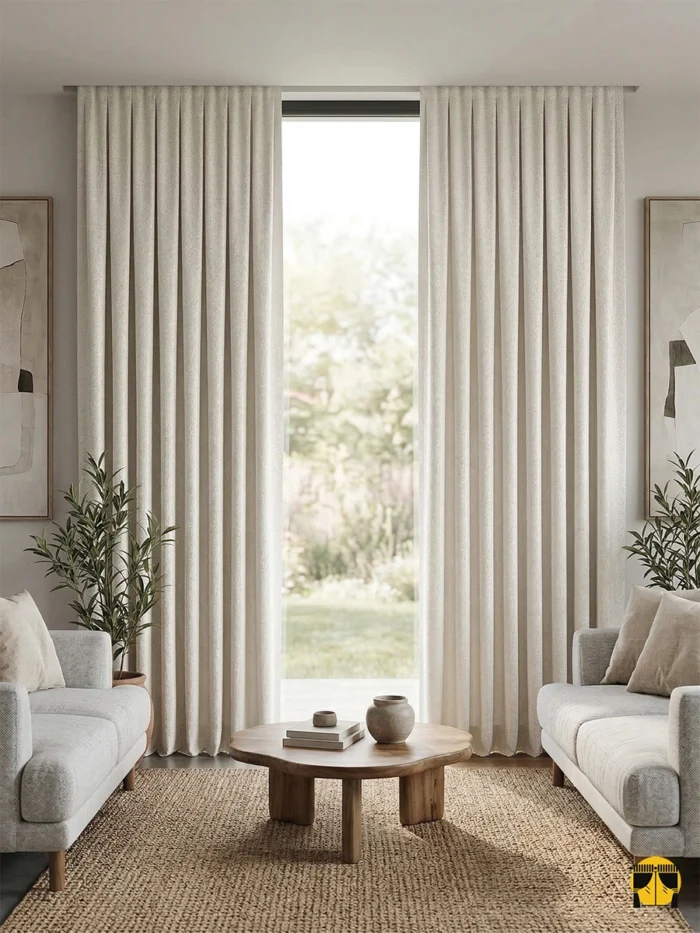 "Linteno krem fon perdenin lüks dokusu ve inci tonlarındaki mat yüzeyinin, salon dekorasyonuna kattığı asil ve sıcak atmosfer."