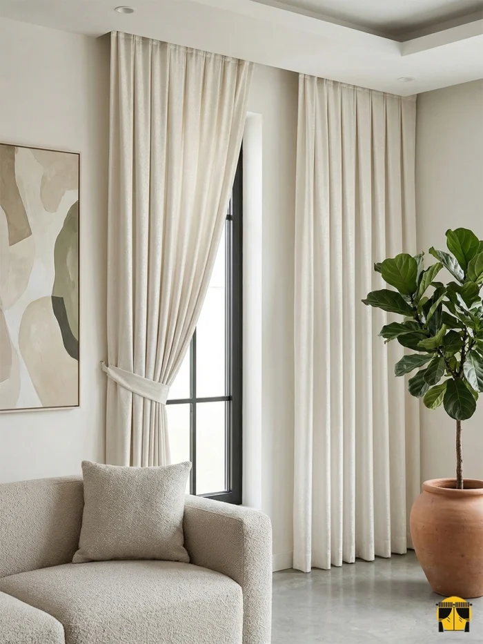 "Yüksek kaliteli dokuma teknolojisiyle üretilmiş krem tonundaki pürüzsüz fon perde kumaşını ve dökümlü yapısını sergileyen yakın plan çekimi."