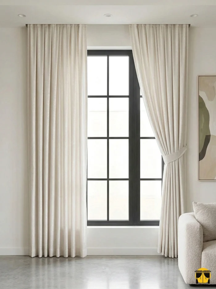 "Vizon mobilyalar ve gold detaylarla dekore edilmiş modern bir salonda, pencerelere zarafet katan Linteno krem fon perde tasarımı."