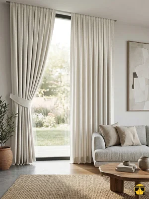 "Ekru tüllerle kombinlenmiş, ağır dökümü sayesinde birer mimari sütun gibi muntazam inen dökümlü krem fon perde sergisi."