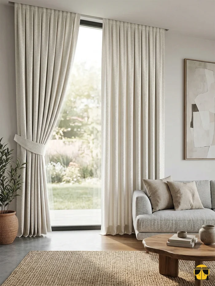 "Ekru tüllerle kombinlenmiş, ağır dökümü sayesinde birer mimari sütun gibi muntazam inen dökümlü krem fon perde sergisi."