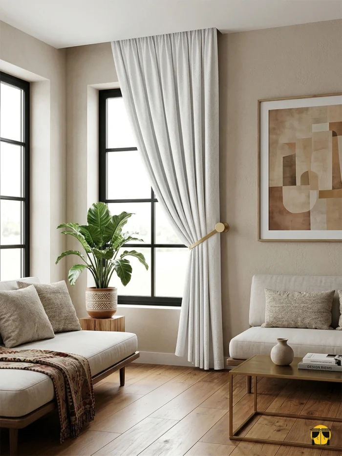 "Milta krem kalın düz fon perdenin ağır dökümü ve inci tonlarındaki mat yüzeyinin, salon dekorasyonuna kattığı asil ve sıcak atmosfer."