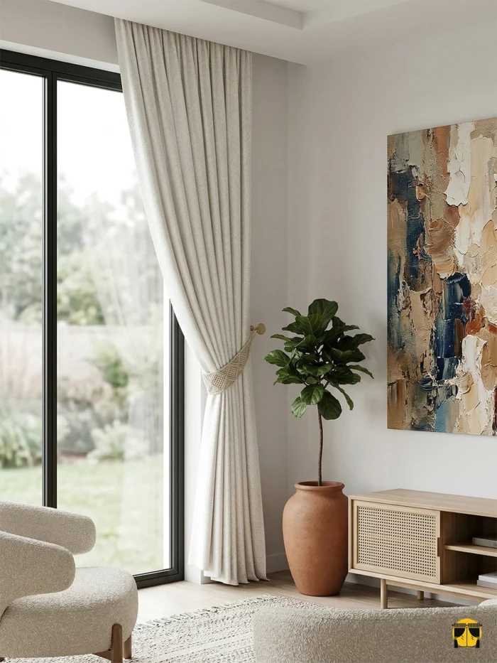 "Yüksek gramajlı dokuma teknolojisiyle üretilmiş krem tonundaki pürüzsüz fon perde kumaşını ve tok yapısını sergileyen yakın plan çekimi."