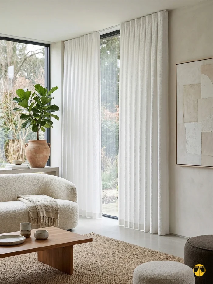"Vizon mobilyalar ve ahşap detaylarla dekore edilmiş modern bir salonda, pencereleri çerçeveleyen ve ses yalıtımı sağlayan Milta krem fon perde tasarımı."