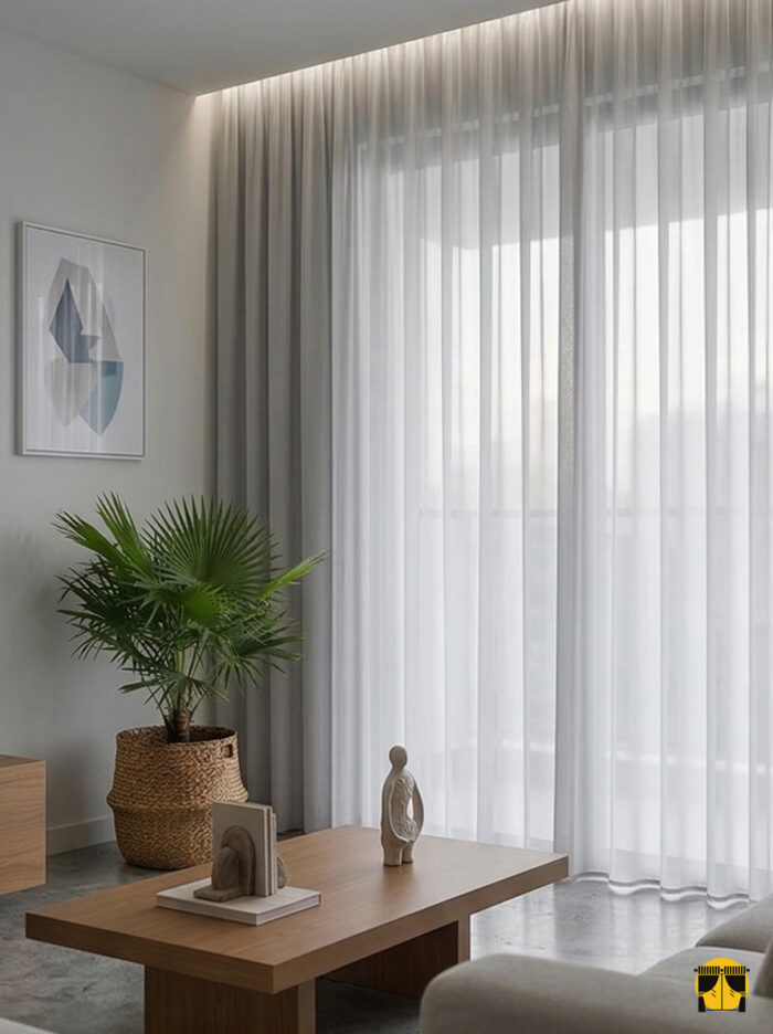 Kontrast ve Stil: "Siyah fon perdelerle kombinlenmiş, ağır dökümü sayesinde birer mimari sütun gibi muntazam inen açık gri düz krep tül perde sergisi."