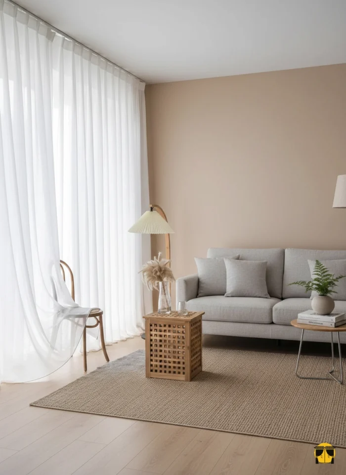 Modern bir pencere önünde, tavandan yere kadar uzanan, kırık beyaz tonunda, karakteristik şantuk-keten dokulu, tok dökümlü ve huzurlu bir atmosfer yaratan şık Bohem tül perde.