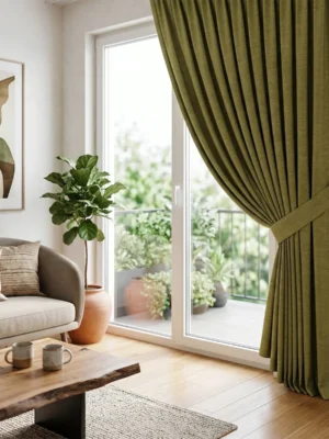 "Üç katmanlı dokuma teknolojisiyle üretilmiş fıstık yeşili tonundaki yüksek kaliteli karartma perde kumaşını sergileyen yakın plan çekimi."