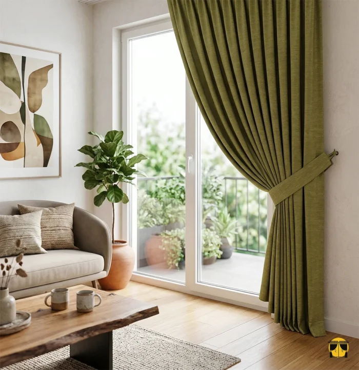 "Üç katmanlı dokuma teknolojisiyle üretilmiş fıstık yeşili tonundaki yüksek kaliteli karartma perde kumaşını sergileyen yakın plan çekimi."