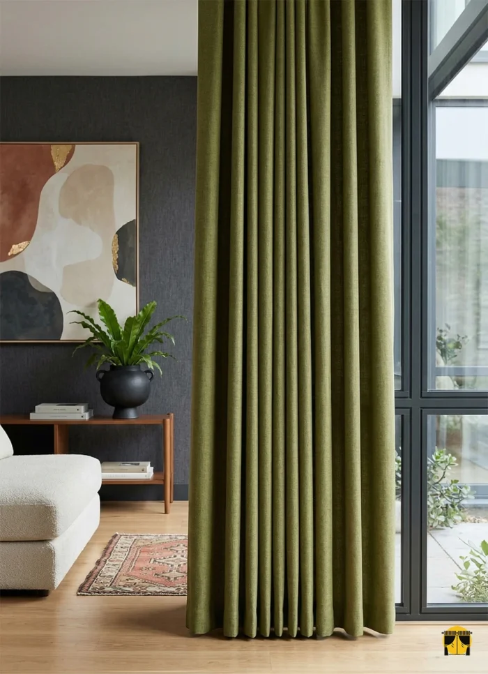 "Gri mobilyalar ve beyaz tüllerle kombinlenmiş, pencerelerde enerjik bir kontrast oluşturan dökümlü fıstık yeşili karartma perde uygulaması."