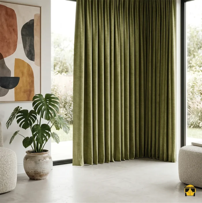 "Capella fıstık yeşili karartma perdenin ışığı tamamen kesen blackout yapısı ve mat yüzeyinin yatak odasında yarattığı huzurlu atmosfer."