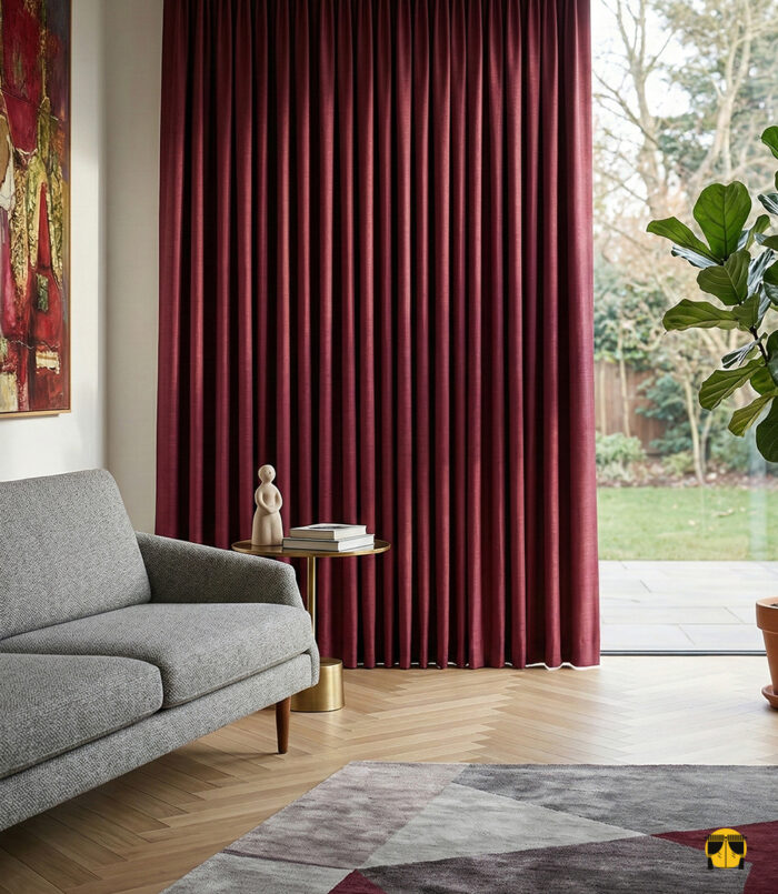 Gri mobilyalarla çarpıcı bir kontrast oluşturan, pencerelere hem termal yalıtım hem de dinamik bir karakter kazandıran mat dokulu fuşya karartma perd