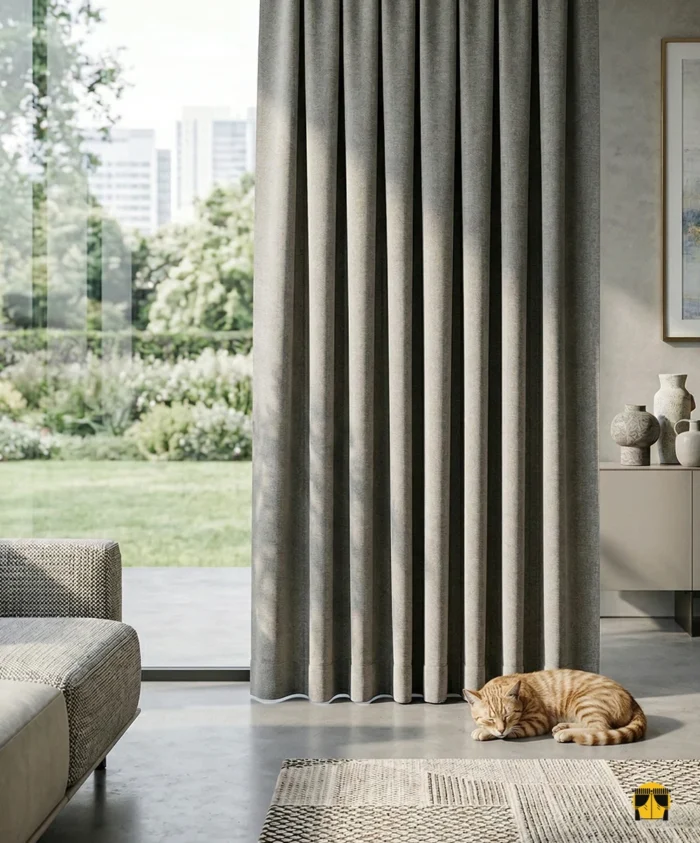 Beyaz mobilyalarla asil bir kontrast oluşturan, pencerelere karizmatik bir çerçeve ve tam ses yalıtımı kazandıran ağır yapılı koyu gri karartma perde.