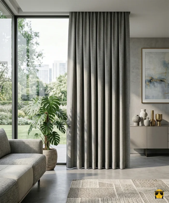 Modern bir yatak odasında, gün ışığını tamamen bloke ederek huzurlu bir uyku ortamı yaratan, tok dökümlü ve mat koyu gri blackout fon perde