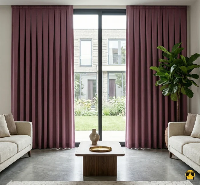 Gri mobilyalar ve gold aksesuarlarla asil bir kontrast oluşturan, pencerelere tam mahremiyet kazandıran mat dokulu gül kurusu karartma perde.