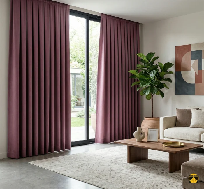 Modern bir yatak odasında, güneş ışığını tamamen bloke ederek huzurlu bir uyku ortamı yaratan, dökümlü gül kurusu blackout fon perde