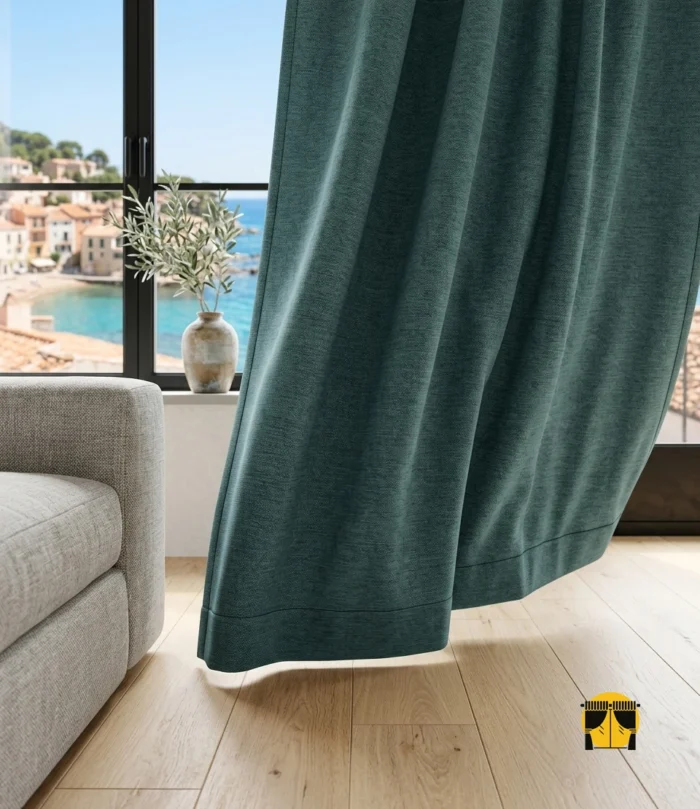 "Geniş salon pencerelerinde nizamlı katlara sahip sık pileli petrol mavisi rengi karartma fon perde yerleşimi."