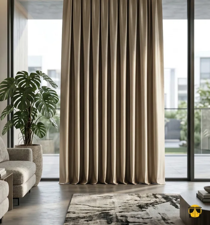 Doğal toprak tonlarıyla huzurlu bir yatak odası yaratan, güneş ışığını tamamen bloke eden mat dokulu ve dökümlü sütlü kahve blackout fon perde