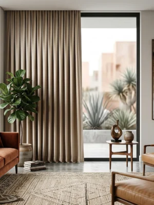 Bej mobilyalarla kusursuz bir uyum yakalayan, pencerelere hem ısı yalıtımı hem de modern bir derinlik kazandıran ağır yapılı karartma perde detayı