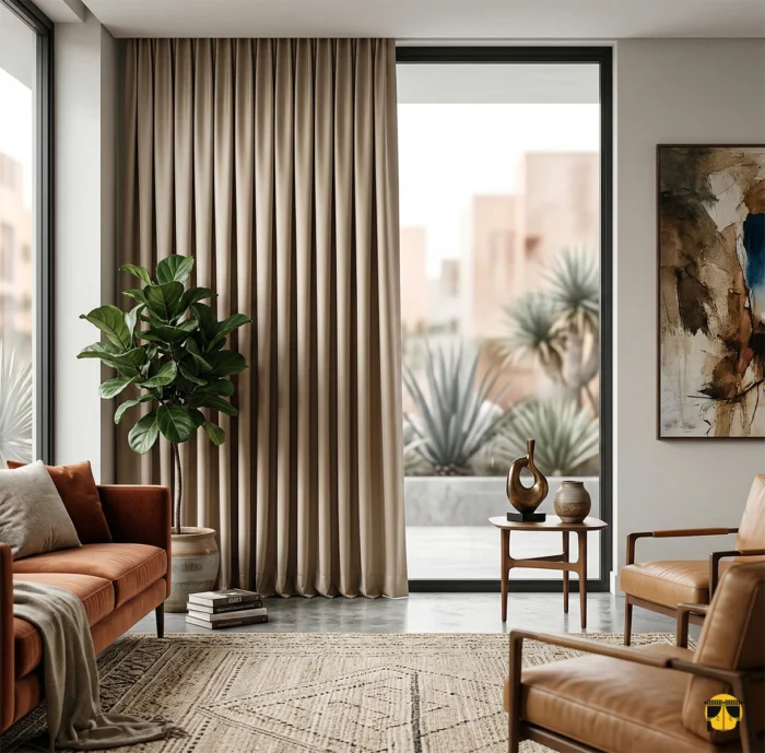 Bej mobilyalarla kusursuz bir uyum yakalayan, pencerelere hem ısı yalıtımı hem de modern bir derinlik kazandıran ağır yapılı karartma perde detayı