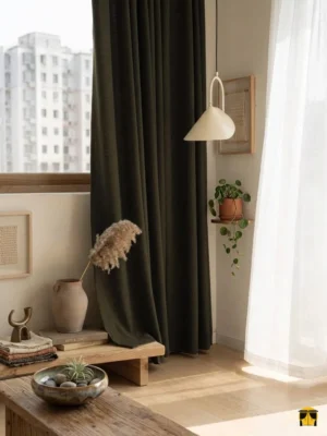 Doğal ışık alan ferah bir iç mekanda, tavandan yere kadar uzanan, kaliteli keten kumaştan Miyo Koyu Kahve fon perde ve zarif bir tülün estetik bütünlüğü