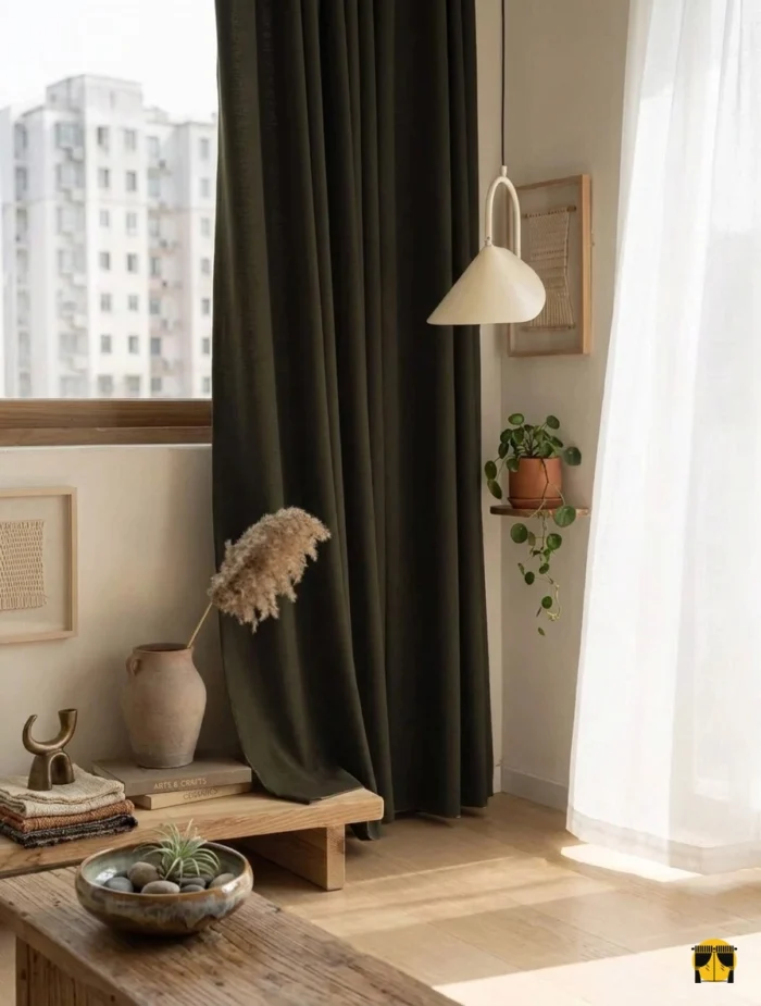 Doğal ışık alan ferah bir iç mekanda, tavandan yere kadar uzanan, kaliteli keten kumaştan Miyo Koyu Kahve fon perde ve zarif bir tülün estetik bütünlüğü