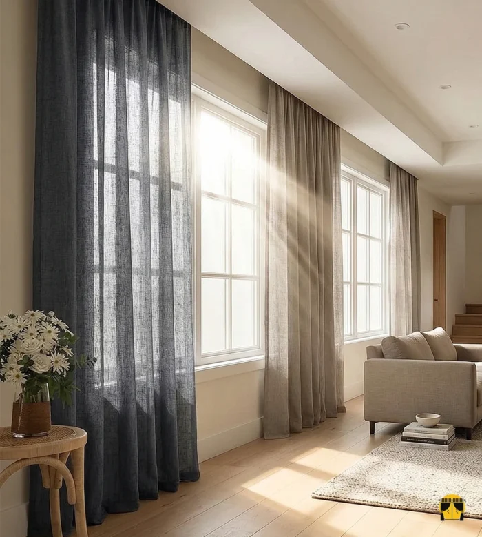Modern bir salonda, gün ışığını koyu gri bir filtreyle yumuşatan, dekoratif amaçlı kullanılan akışkan dokulu Luna tül fon perde