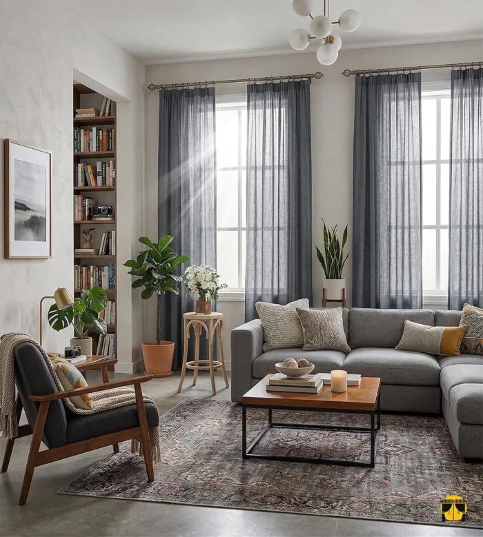 Beyaz düz tüllerle şık bir kontrast oluşturan, pencerelere ağırlık vermeden derinlik katan mat koyu gri dekoratif perde detayı