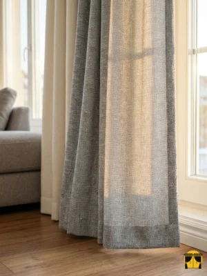 "Beyaz boucle koltuklar ve masif ahşap mobilyalarla dekore edilmiş modern bir salonda, pencerelere karakter katan gri keten fon perde."