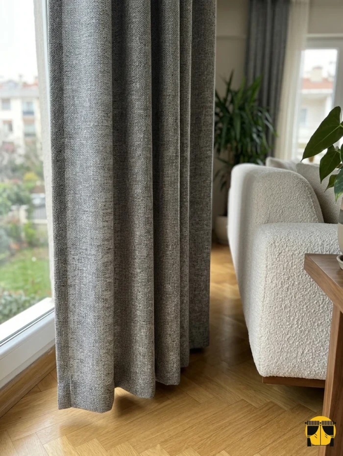 "Nature gri keten fon perdenin doğal ham dokusu ve modern nötr tonunun salonda yarattığı huzurlu, rüstik ve minimalist atmosfer."