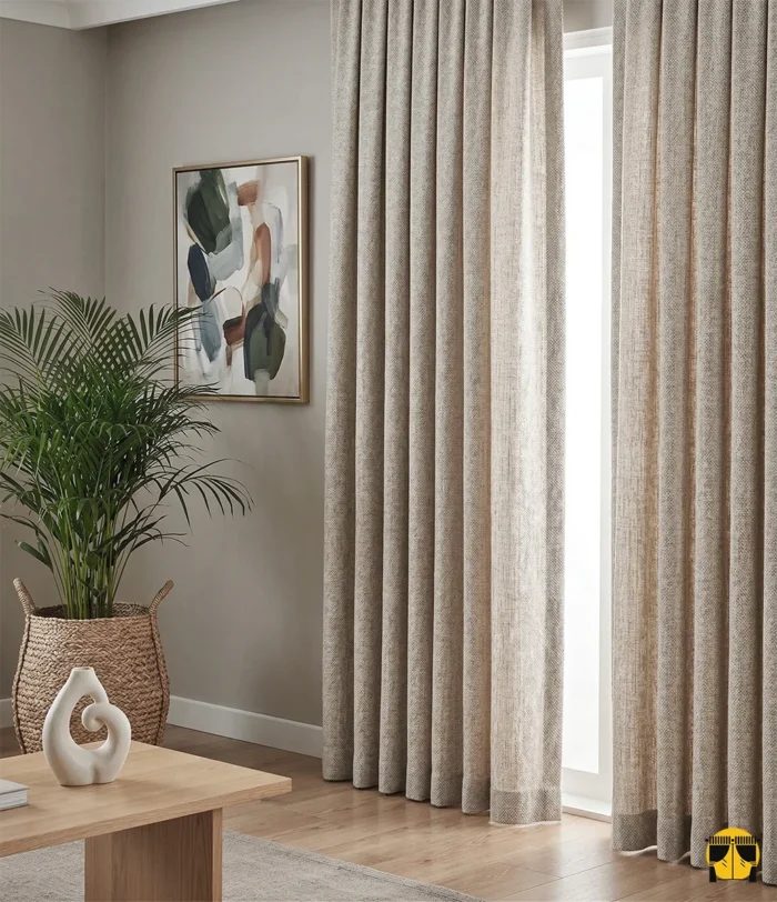 "Nature krem-bej keten fon perdenin doğal dokusu arasından süzülen güneş ışığının, oda içerisinde yarattığı sıcak, ferah ve huzurlu aydınlık."