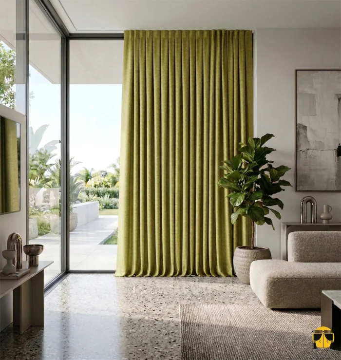 "Işığı yumuşatarak içeri alan, odaya bahar ferahlığı ve rüstik bir zerafet katan mat yüzeyli Nirva hasır keten perde sergisi."