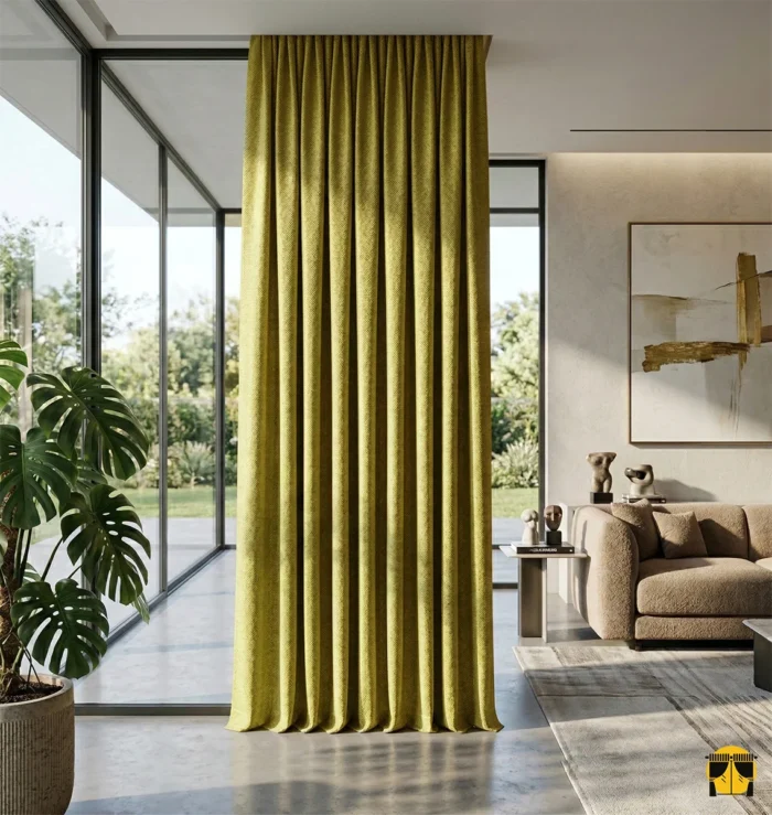 "Açık renk ahşap mobilyalarla kusursuz bir uyum yakalayan, belirgin keten liflerine sahip modern fıstık yeşili fon perde detayı."