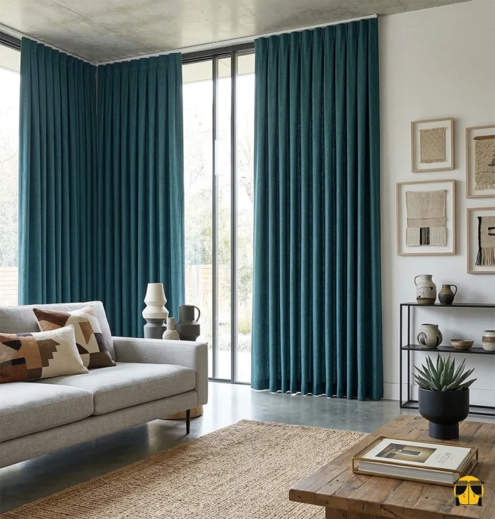 Ağır dökümü sayesinde rüzgarla birlikte zarifçe süzülen, ütü gerektirmeyen ve yüksek mahremiyet sağlayan kaliteli mavi Nirva keten fon perde detayı