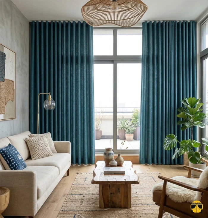 Ekru keten tüllerle birleşen, kalın dokusu sayesinde pile formunu bir sütun gibi muntazam koruyan ve mekana derinlik katan mavi hasır perde sergisi.